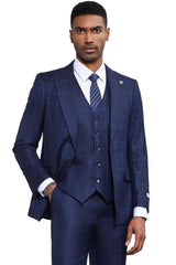 Men's Stacy Adams Classic One Button Vested Windowpane Suit in Navy Blue