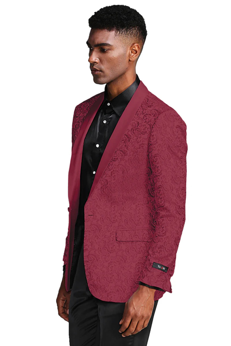 Burgundy paisley slim fit tuxedo jacket – men's wedding & prom blazer with satin shawl lapel Burgundy paisley slim fit tuxedo jacket – men's wedding & prom blazer with satin shawl lapel