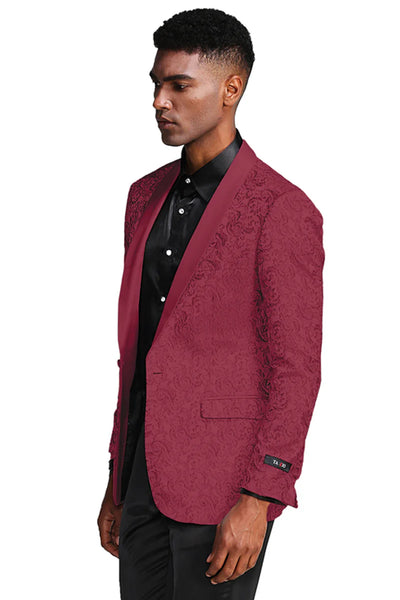 Burgundy paisley slim fit tuxedo jacket – men's wedding & prom blazer with satin shawl lapel 1   - from alligatorwarehouse.com