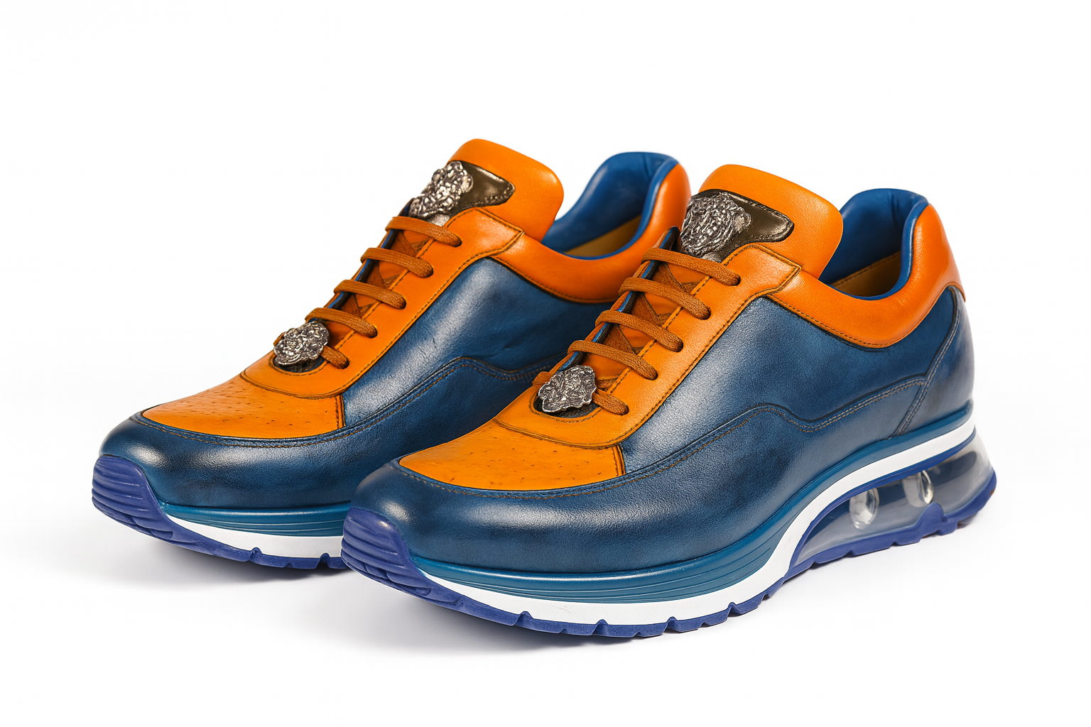 Belvedere  Flash Men's Shoes Blue Safari & Almond Exotic Ostrich / Calf-skin Leather Casual Sneakers 4 MEN E01 BLUE SAFARI/ALMOND-M-06  - from alligatorwarehouse.com