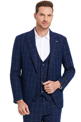 "Men's Navy Windowpane Plaid Suit - One Button Peak Lapel Vested"