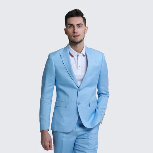 Baby Blue Linen Suit Slim Fit Two Piece Set - Wedding - Prom
