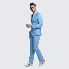 Baby Blue Linen Suit Slim Fit Two Piece Set - Wedding - Prom