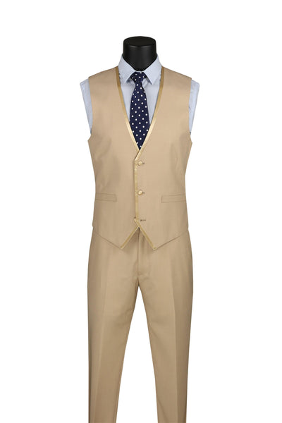 Beige Trimmed Lapel Slim Fit 3 Piece Suit