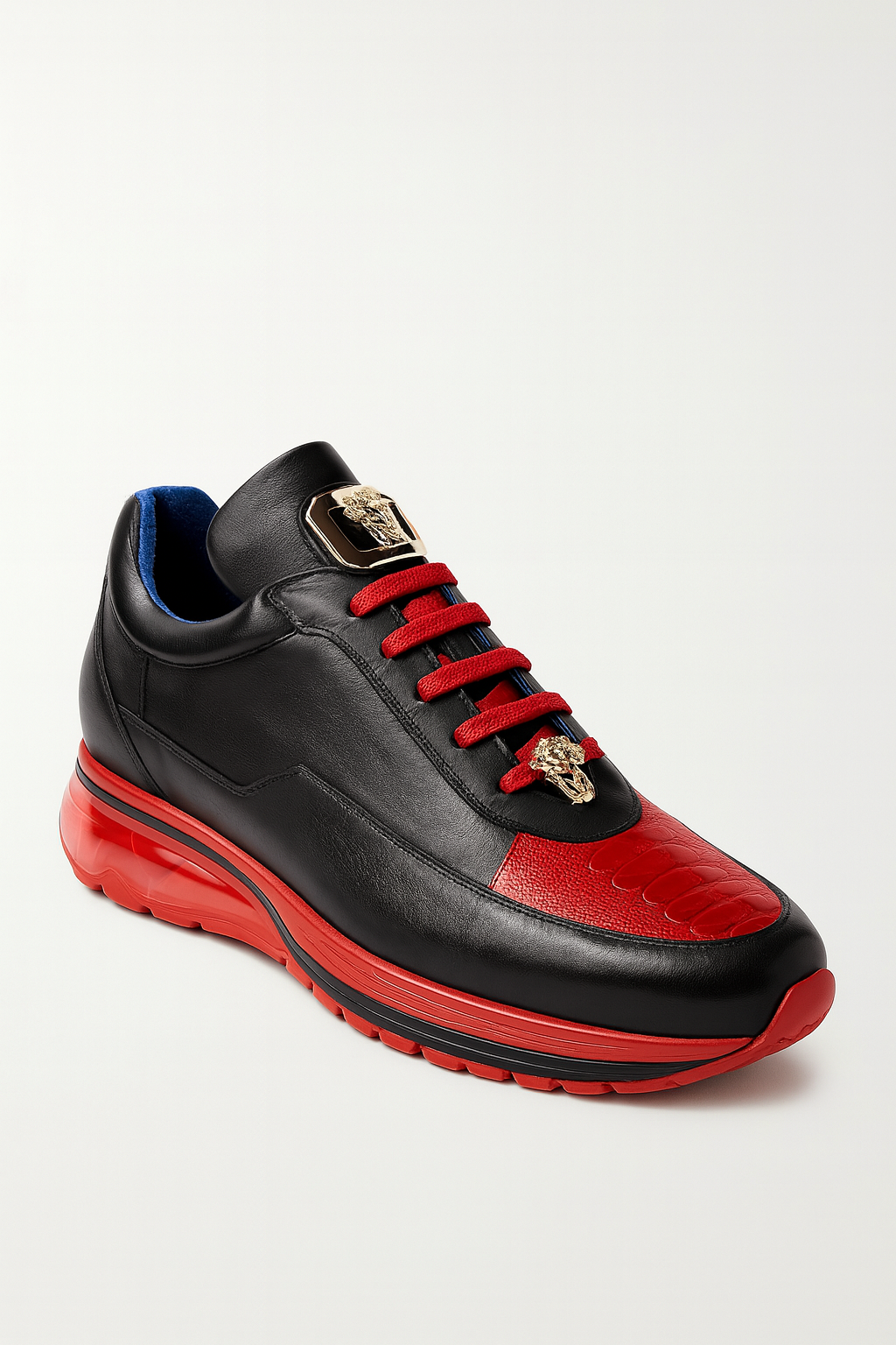 Belvedere  Flash Men's Shoes Black & Red Exotic Ostrich / Calf-skin Leather Casual Sneakers 1 MEN E01 BLACK/RED-M-06  - from alligatorwarehouse.com