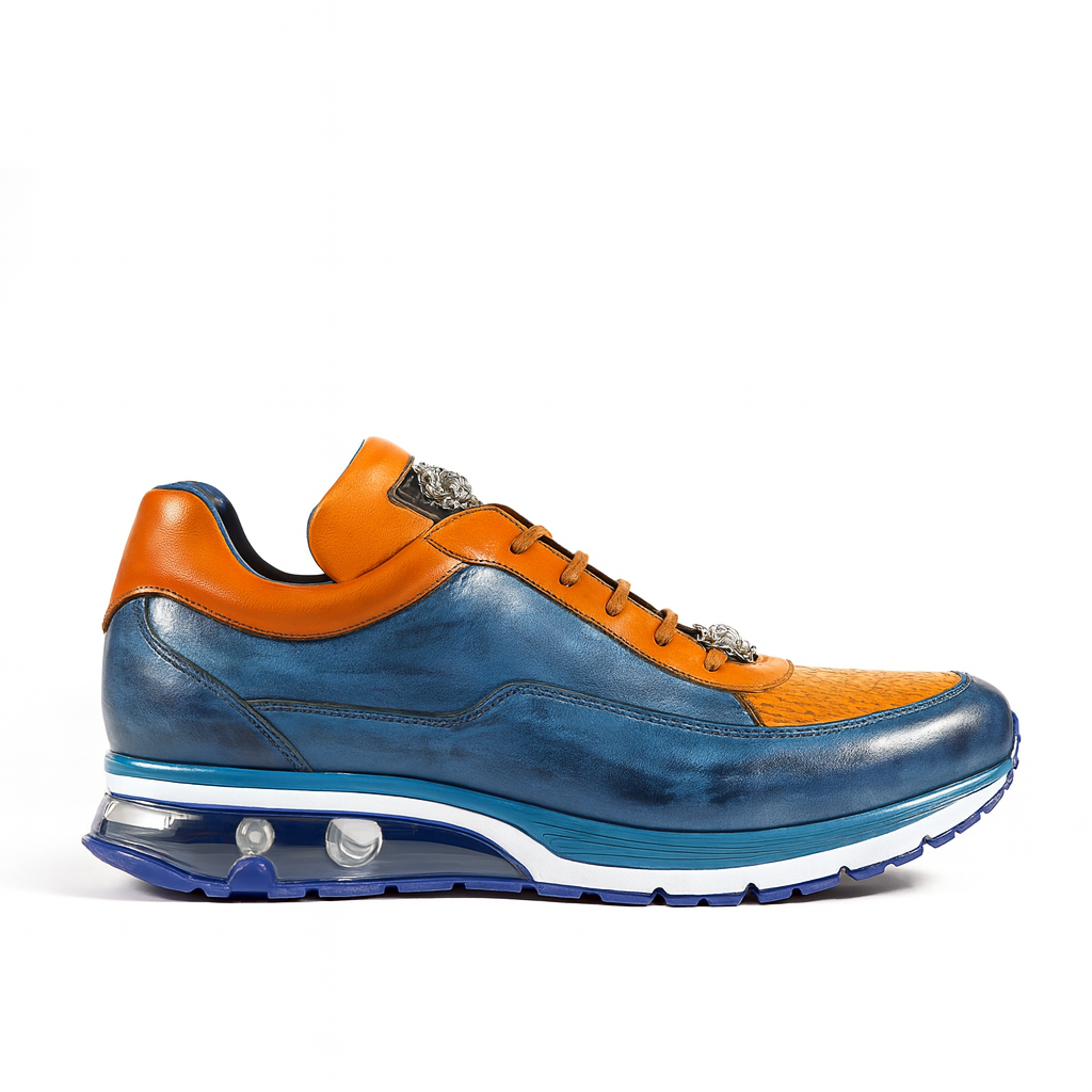 Belvedere  Flash Men's Shoes Blue Safari & Almond Exotic Ostrich / Calf-skin Leather Casual Sneakers 7 MEN E01 BLUE SAFARI/ALMOND-M-06  - from alligatorwarehouse.com