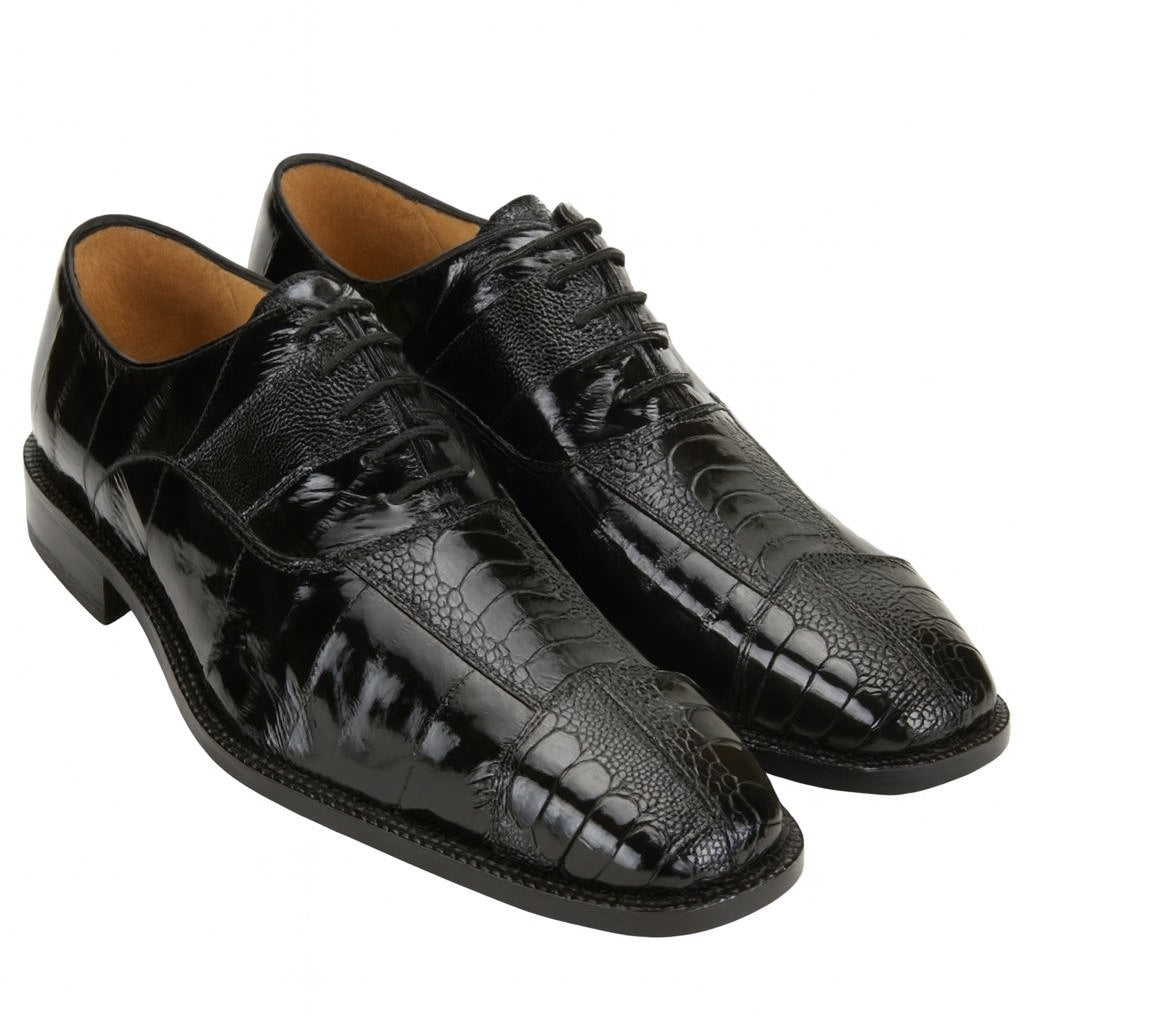 Belvedere Mare Black Genuine Eel And Ostrich Leg Shoes 8 MEN 2P7 BLACK-M-09  - from alligatorwarehouse.com