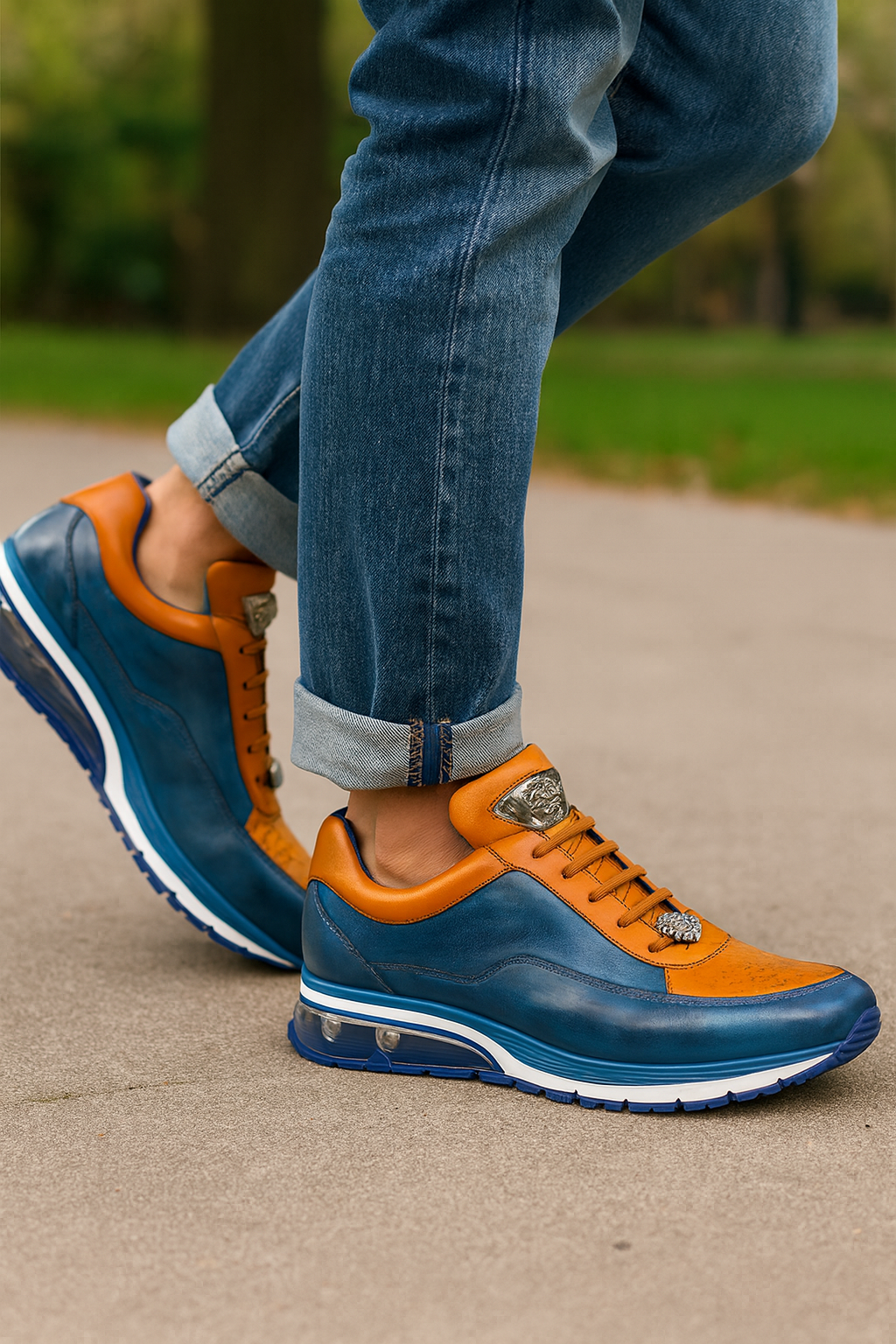 Belvedere  Flash Men's Shoes Blue Safari & Almond Exotic Ostrich / Calf-skin Leather Casual Sneakers 9 MEN E01 BLUE SAFARI/ALMOND-M-06  - from alligatorwarehouse.com