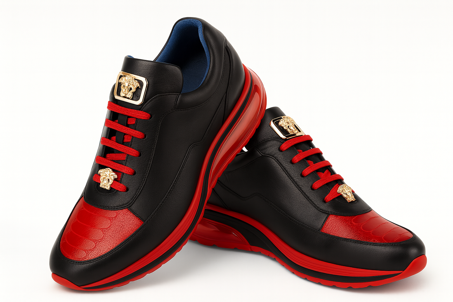 Belvedere  Flash Men's Shoes Black & Red Exotic Ostrich / Calf-skin Leather Casual Sneakers 7 MEN E01 BLACK/RED-M-06  - from alligatorwarehouse.com
