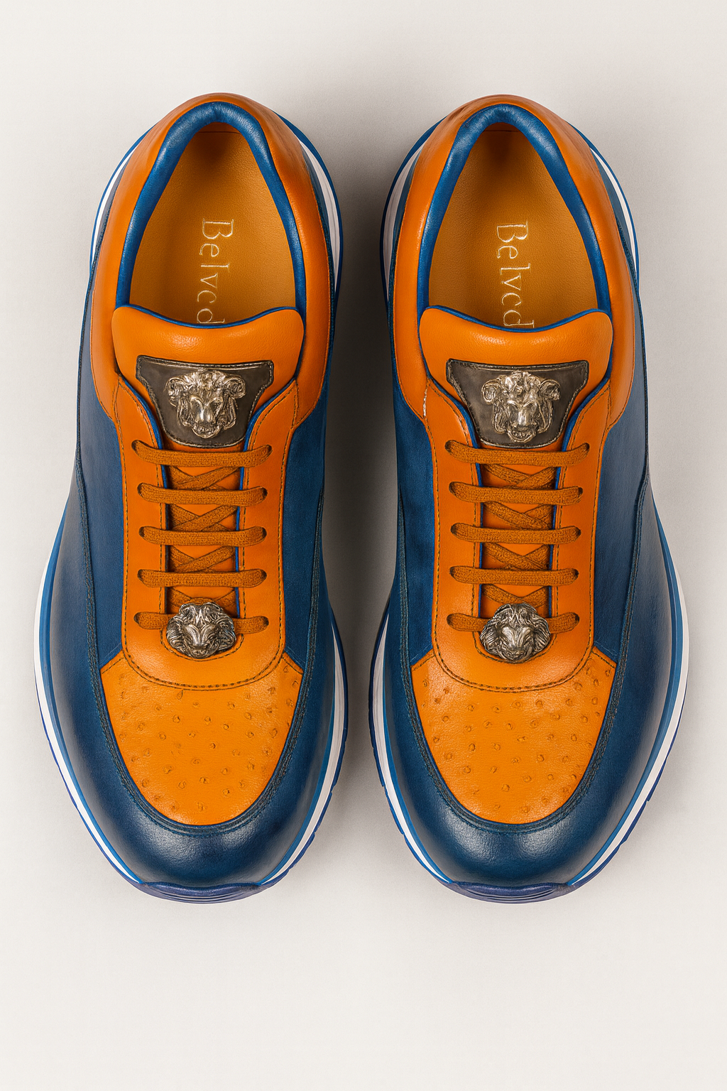 Belvedere  Flash Men's Shoes Blue Safari & Almond Exotic Ostrich / Calf-skin Leather Casual Sneakers 5 MEN E01 BLUE SAFARI/ALMOND-M-06  - from alligatorwarehouse.com