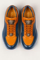 Belvedere  Flash Men's Shoes Blue Safari & Almond Exotic Ostrich / Calf-skin Leather Casual Sneakers