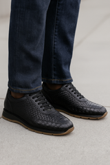 Marco Di Milano Roma Men's Shoes Black Genuine Caiman Crocodile / Woven Leather Fashion Sneakers