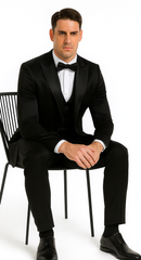 Black Satin Double Breasted Peak Lapel 3 Piece Skinny Fit Tazzio Men's Suit with Matching Bowtie