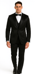 Black Satin Double Breasted Peak Lapel 3 Piece Skinny Fit Tazzio Men's Suit with Matching Bowtie