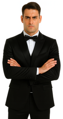 Black Satin Double Breasted Peak Lapel 3 Piece Skinny Fit Tazzio Men's Suit with Matching Bowtie