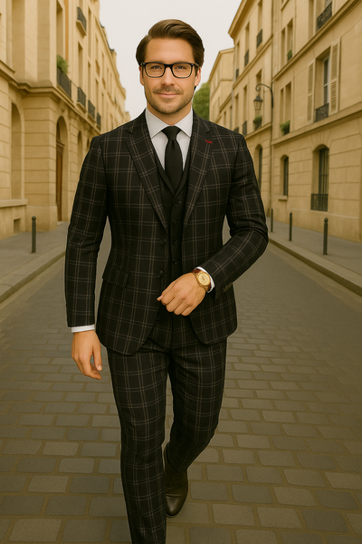 Wool Suit - Italian Made Business Suit by Statement Men's 3 Piece 100% Wool Modern Fit Suit - Plaid Pattern