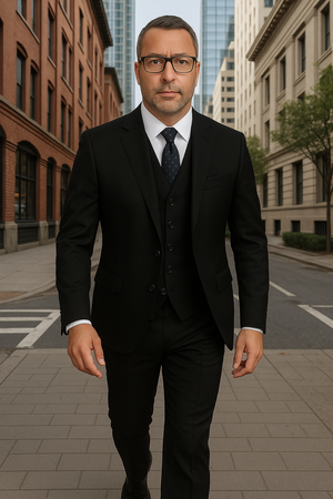 Wool Suit - Italian Made Business Suit by Statement Men's 3 Piece 100% Wool Fashion Suit - Herringbone Stripes