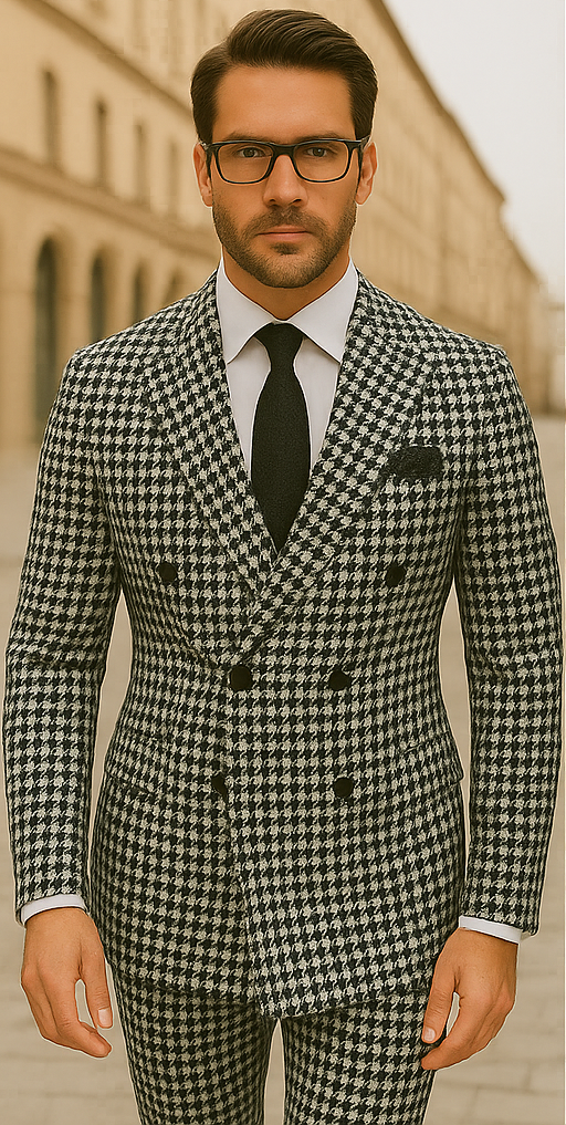 Wool Suit - Italian Made Business Suit by Statement Men's 2 Piece 100% Wool Double Breasted Suit - Houndstooth Pattern 3 DBMASIMO_Black_38R  - from alligatorwarehouse.com