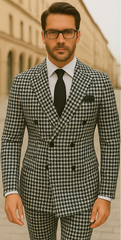 Wool Suit - Italian Made Business Suit by Statement Men's 2 Piece 100% Wool Double Breasted Suit - Houndstooth Pattern