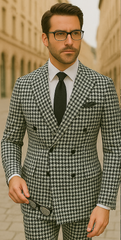 Wool Suit - Italian Made Business Suit by Statement Men's 2 Piece 100% Wool Double Breasted Suit - Houndstooth Pattern