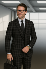 Wool Suit - Italian Made Business Suit by Statement Men's 3 Piece 100% Wool Modern Fit Suit - Plaid Pattern