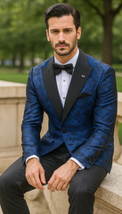 Blue Double Breasted Rough Streak Pattern Satin Peak Lapel Stacy Adams Men's Jacket