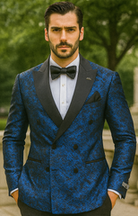 Blue Double Breasted Rough Streak Pattern Satin Peak Lapel Stacy Adams Men's Jacket