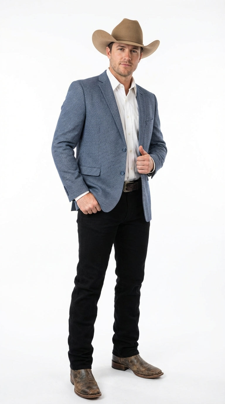 Men’s Blue Textured Cowboy Blazer – Western Style Sport Coat for Ranch Wedding, Business and Country Events