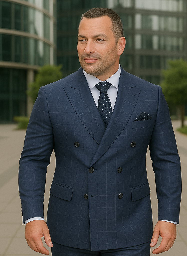 Wool Suit - Italian Made Business Suit by Statement Men's 2 Piece 100% Wool Double Breasted Suit - Micro Windowpane 7 DBSALOTE_Black_38R  - from alligatorwarehouse.com