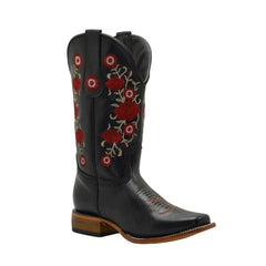 Botas de Cuero Horma Rodeo para Mujer Color Negro con Flores Rojas JB-1607