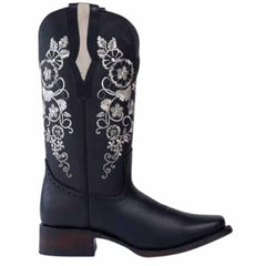 Botas de Cuero Horma Rodeo para Mujer Color Negro con Girasoles JB-1501NEG