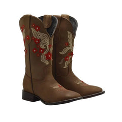 Botas de Cuero Horma Rodeo para Mujer Color Oryx con Flores Rojas JB-1606