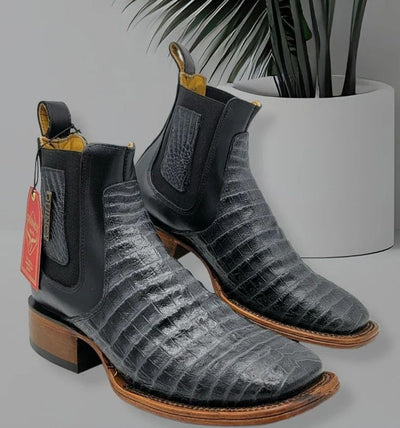 Botin de Cocodrilo Grabado Nuca con Punta Cuadrada Color Gris
