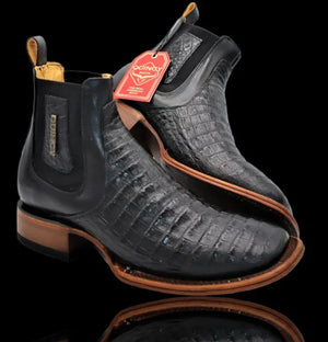 Botin de Cocodrilo Grabado Nuca con Punta Cuadrada Color Negro
