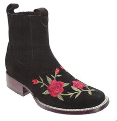 Botines Charros para Mujer de Gamuza Punta Cuadrada con Rosas JB-702