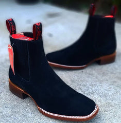 Botines Charros Quincy de Gamuza con Punta Cuadrada Negro