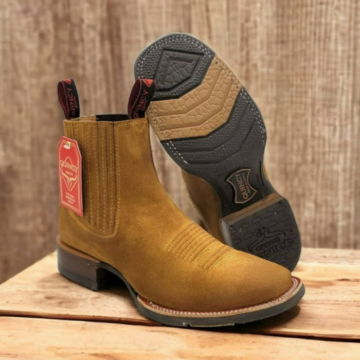 Botines Charros Quincy de Gamuza Punta Cuadrada y Suela de Hule Tan 1   - from alligatorwarehouse.com