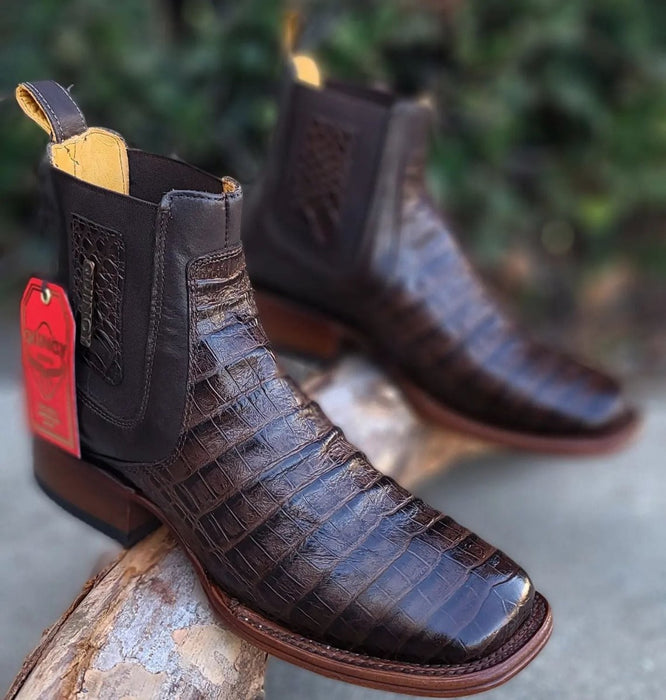 Botines de Cocodrilo Grabado Nuca con Punta Cuadrada Color Chocolate 2   - from alligatorwarehouse.com