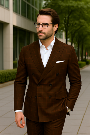 Wool Suit - Italian Made Business Suit by Statement Men's 100% Wool 2 Piece Suit - Double Breasted Windowpane