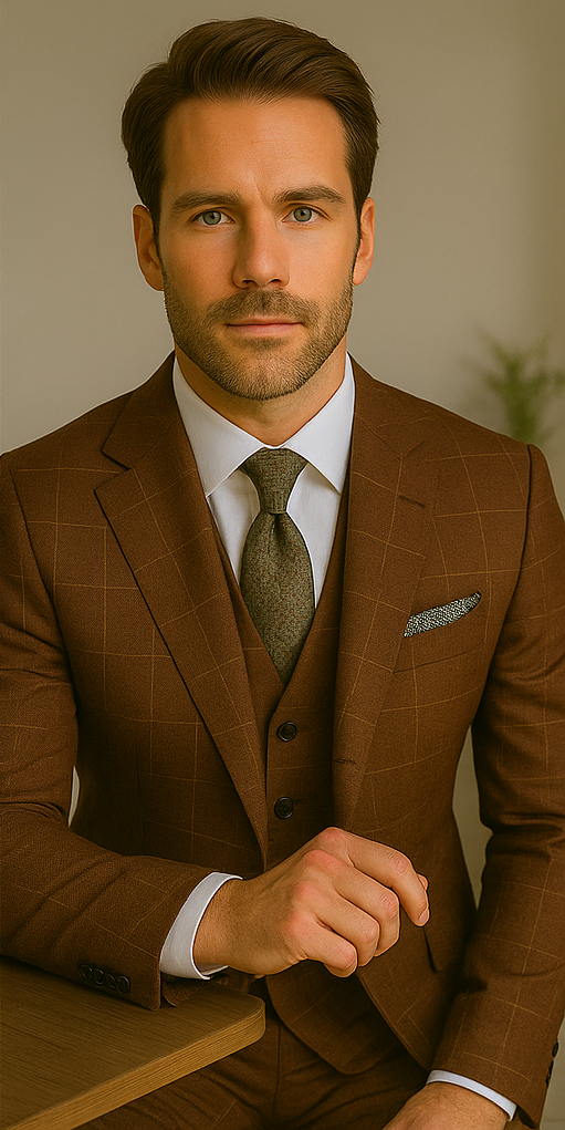 Wool Suit - Italian Made Business Suit by Statement Men's 3 Piece 100% Wool Modern Fit Suit - V-Neck Double Breasted Vest 2 MONTESUIT_Brown_38R  - from alligatorwarehouse.com