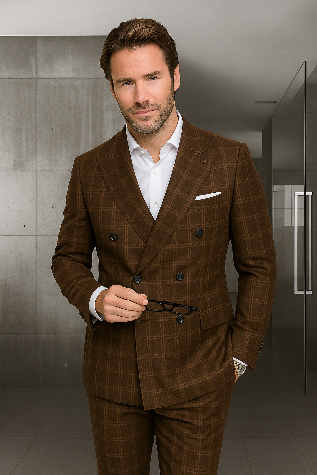 Wool Suit - Italian Made Business Suit by Statement Men's 100% Wool 2 Piece Suit - Double Breasted Windowpane 3 SD-103_Brown_38R  - from alligatorwarehouse.com