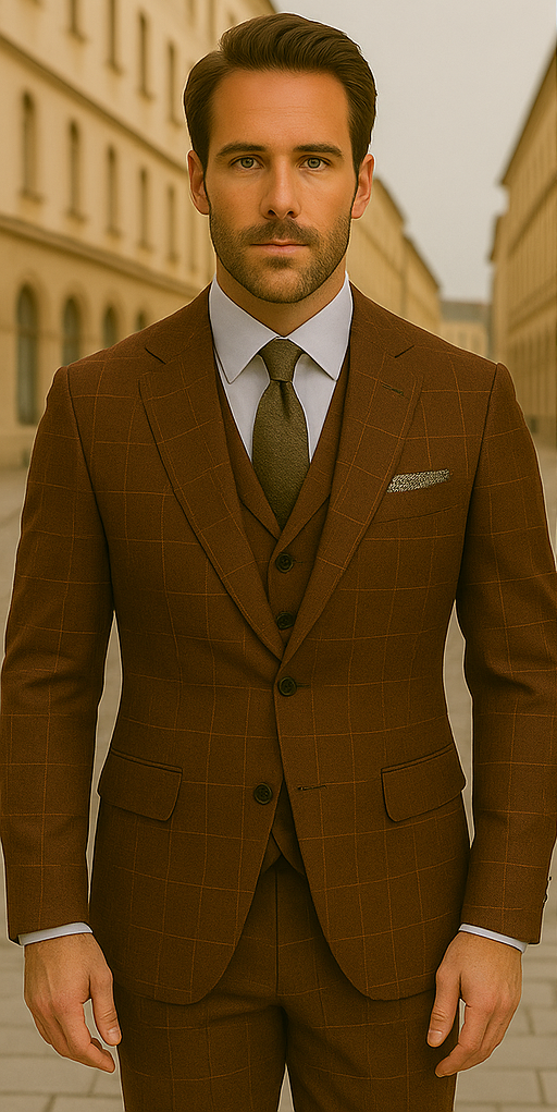 Wool Suit - Italian Made Business Suit by Statement Men's 3 Piece 100% Wool Modern Fit Suit - V-Neck Double Breasted Vest 3 MONTESUIT_Brown_38R  - from alligatorwarehouse.com