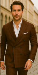 Wool Suit - Italian Made Business Suit by Statement Men's 100% Wool 2 Piece Suit - Double Breasted Windowpane