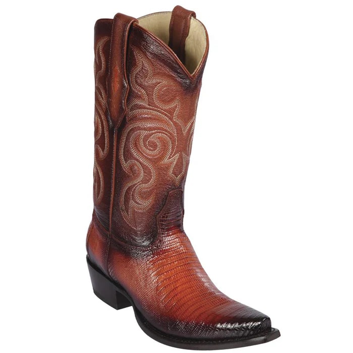 Los Altos Boots - Mens Dress Cowboy Boot - Low Priced Teju Lizard Snip Toe Boots- in Burnish Cognac 1   - from alligatorwarehouse.com
