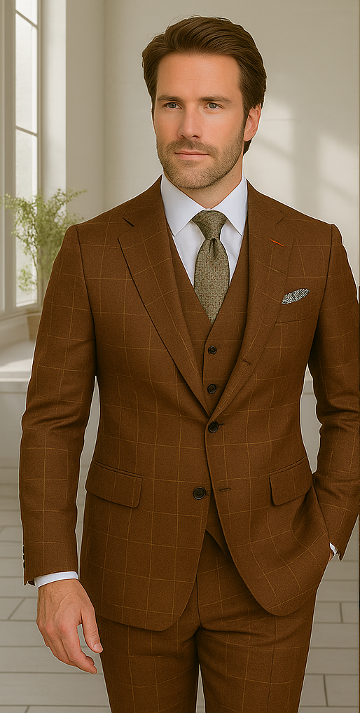 Wool Suit - Italian Made Business Suit by Statement Men's 3 Piece 100% Wool Modern Fit Suit - V-Neck Double Breasted Vest 1 MONTESUIT_Brown_38R  - from alligatorwarehouse.com