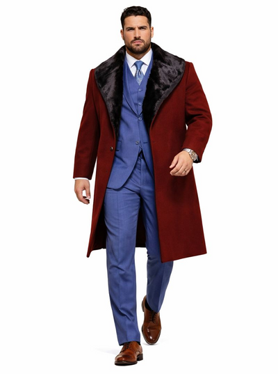 Burgundy Overcoat ~ Long men's Dress Topcoat - Winter coat With Fur Collar And Wool Fabric