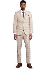 Men's Stacy Adams One Button Peak Lapel Vested Windowpane Plaid Suit in Tan