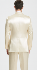 Champagne Satin Double Breasted Peak Lapel 3 Piece Skinny Fit Tazzio Men's Suit with Matching Bowtie