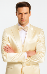 Champagne Satin Double Breasted Peak Lapel 3 Piece Skinny Fit Tazzio Men's Suit with Matching Bowtie
