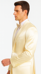 Champagne Satin Double Breasted Peak Lapel 3 Piece Skinny Fit Tazzio Men's Suit with Matching Bowtie